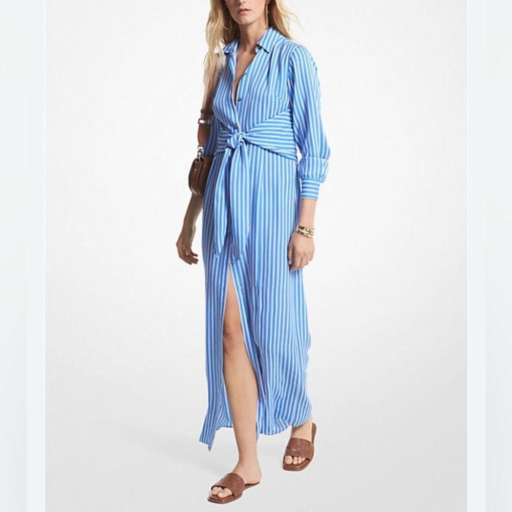 Michael Michael Kors Silk Blend Shirt Maxi Dress in Blue & White Stripe Size S